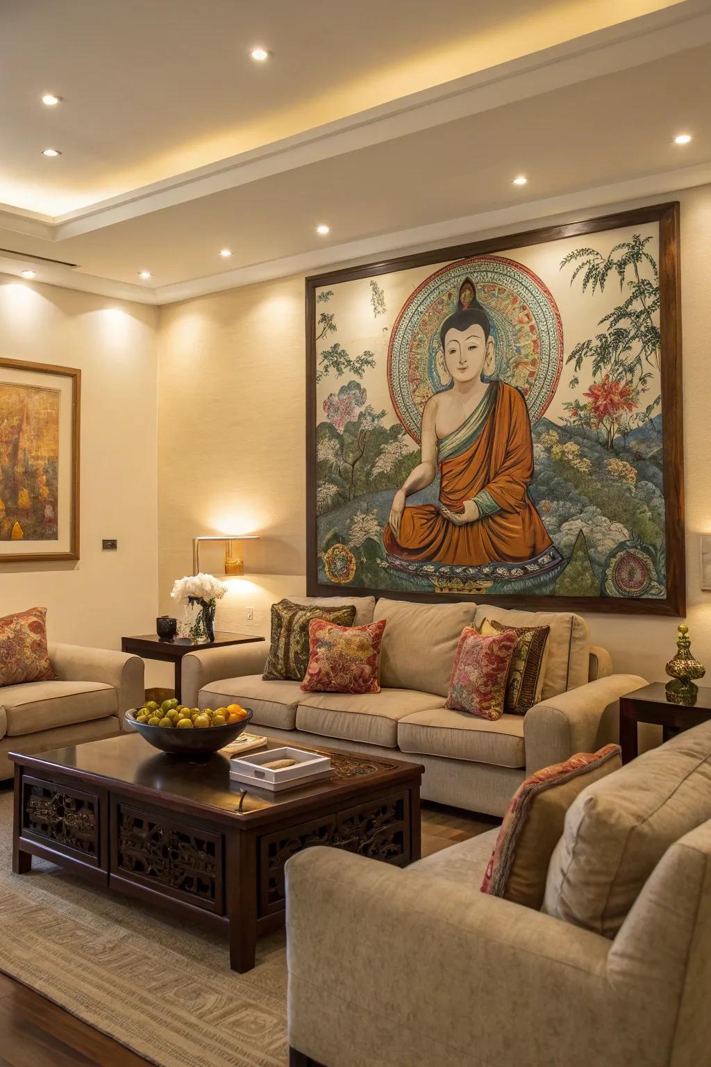 A lounge enhanced by a unique piece of art as the focal point.