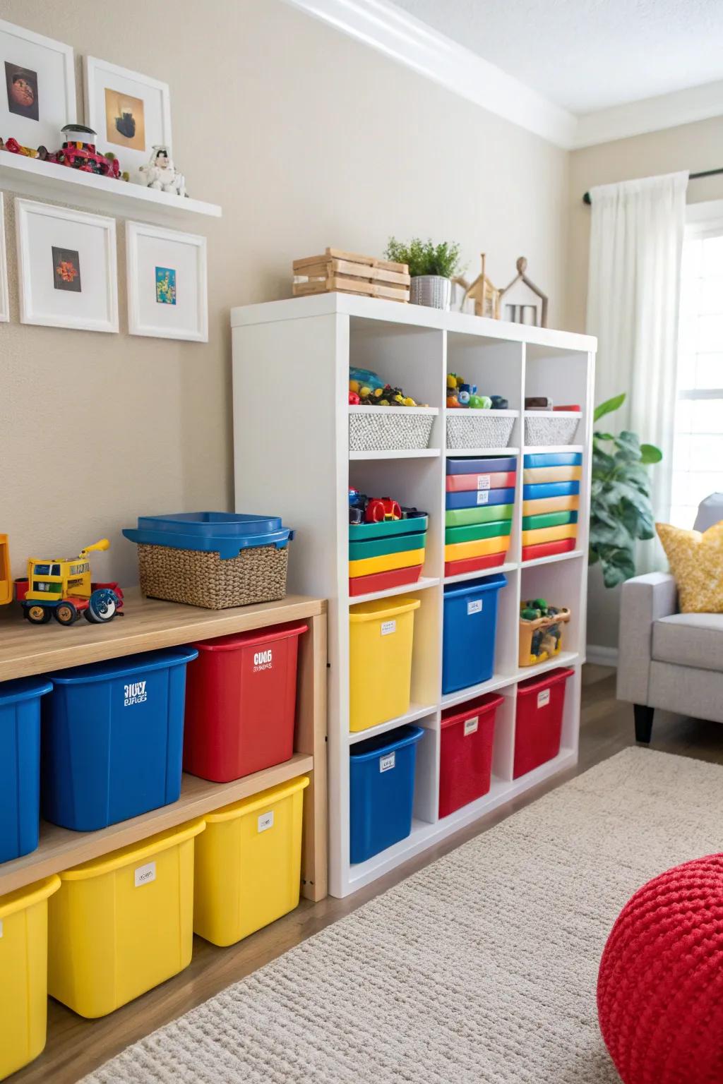 Colored bins make things fun for kids.