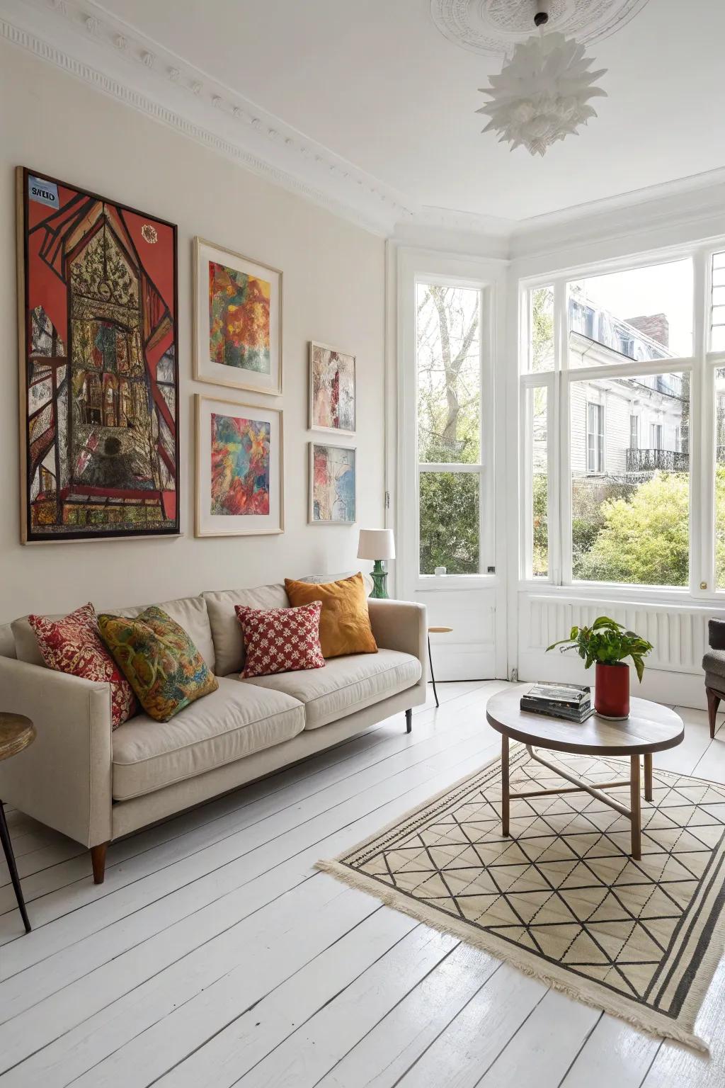 Creative displays stand out beautifully on white wood floors.