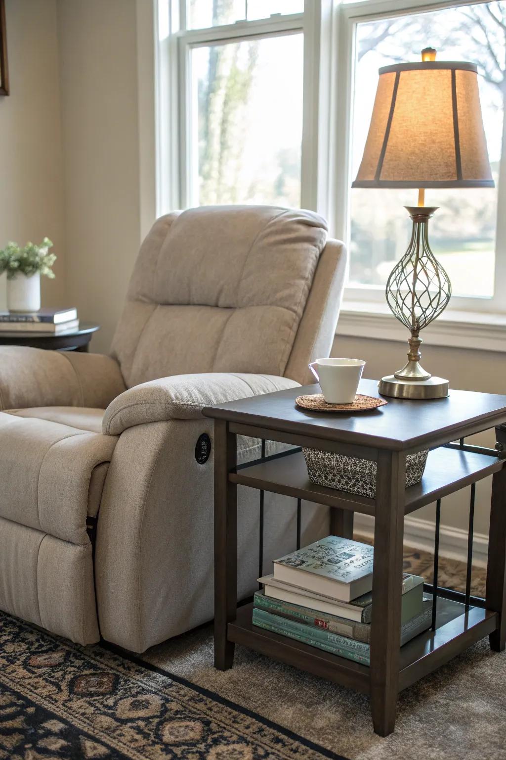 A practical and stylish setup with a recliner and side table.