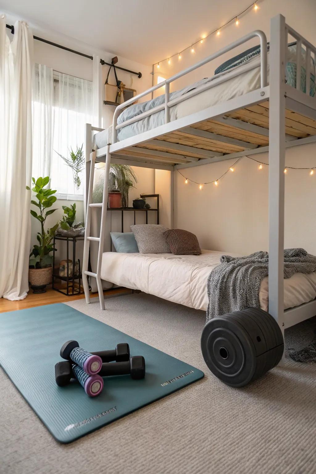 A raised sleeping platform with a dedicated space for fitness activities.