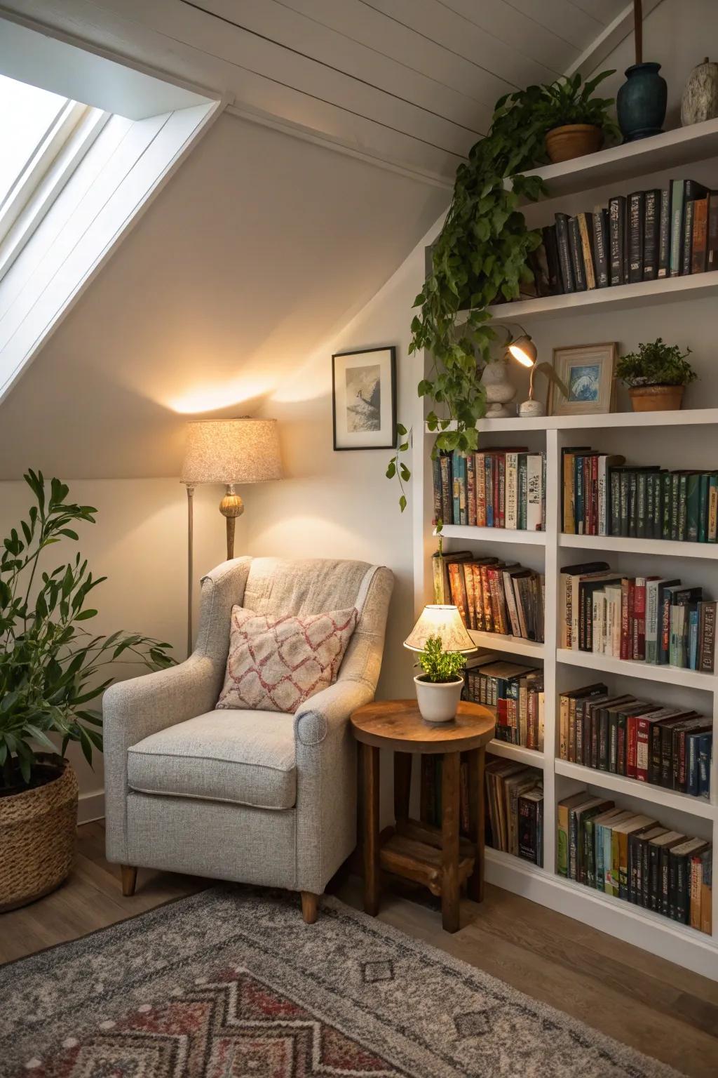 Tranquil reading nook in a loft library.