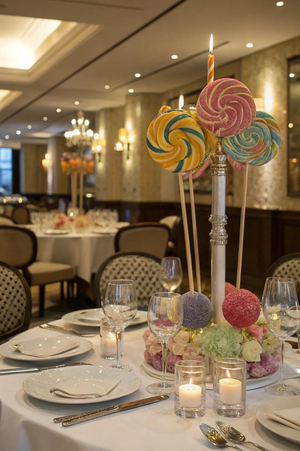 Wax light holders provide a sophisticated base for candy displays.