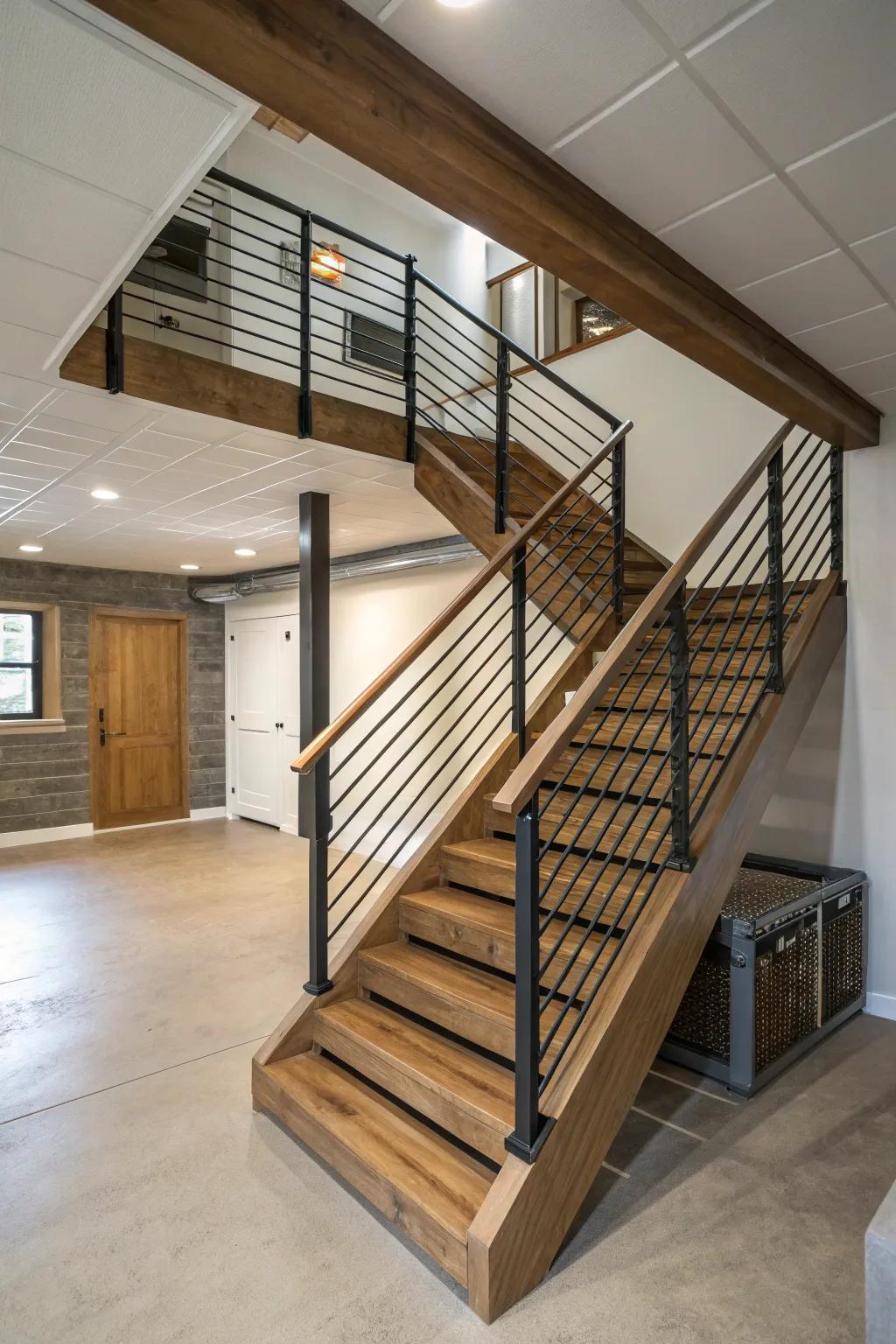 Stairs with open risers enhance spaciousness in basement areas.