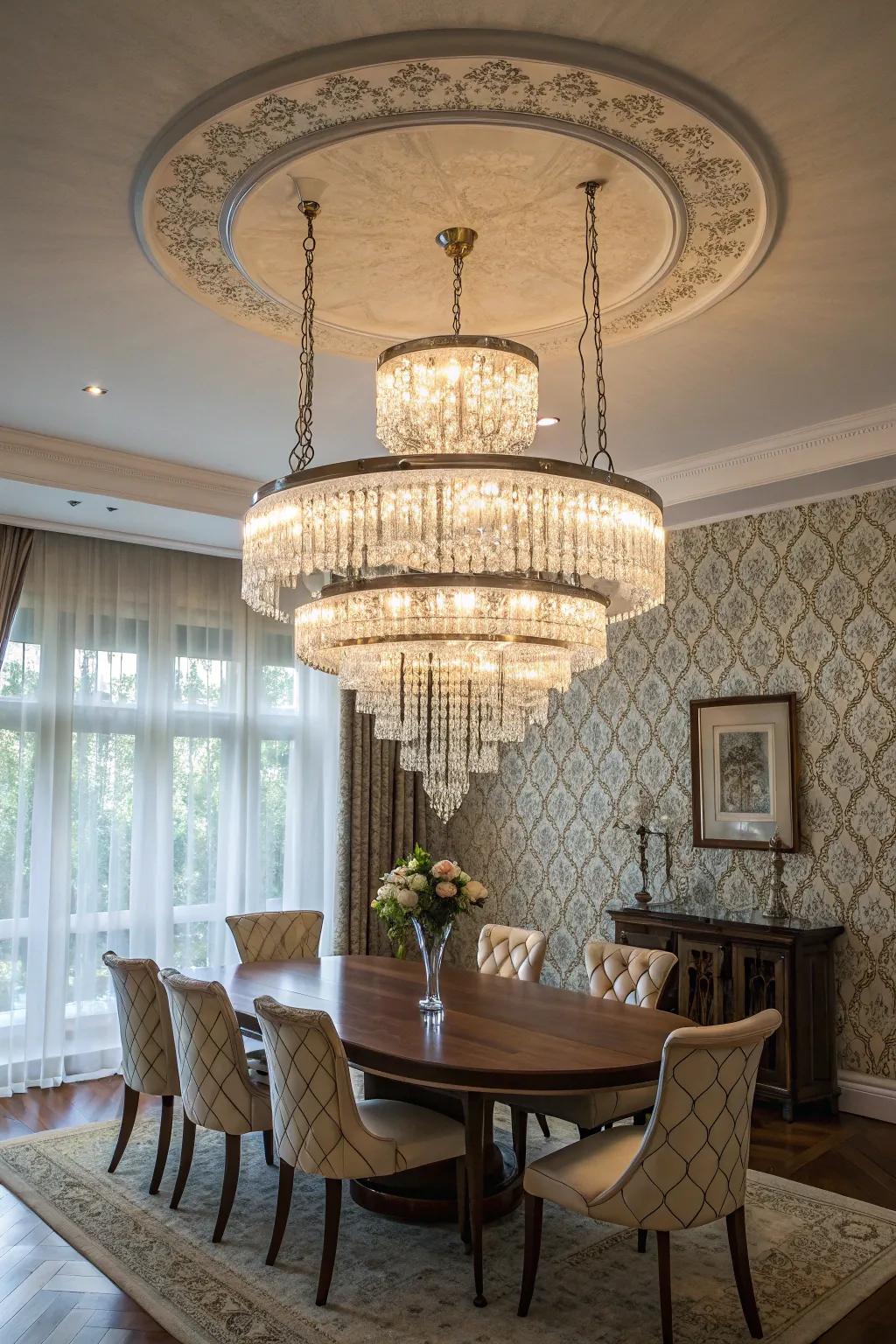 A multi-tiered chandelier gives a dining room a dramatic touch.