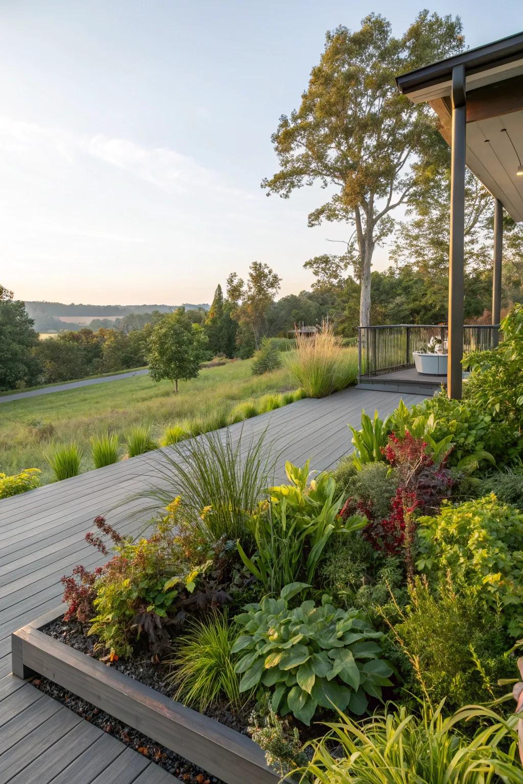 Native plants thriving around an elevated deck area.