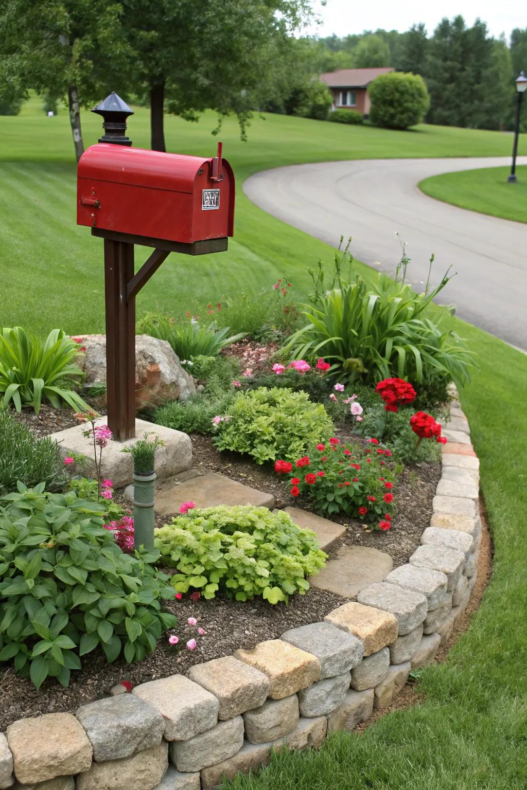 Stone borders enhance mailbox garden beds with clear definition