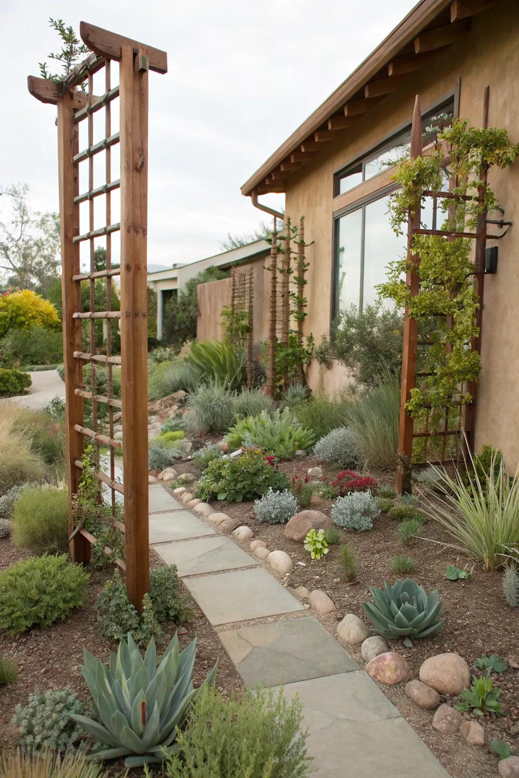 Vertical elements bring depth and structure to a xeriscape yard.