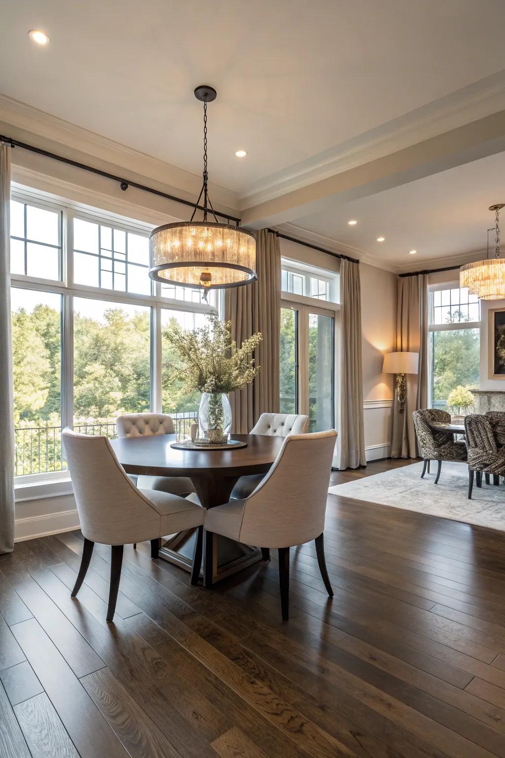 Engineered wood flooring combines elegance with durability.