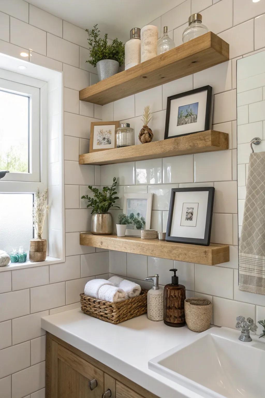 Suspended racks delivering modern storage in a bathroom.