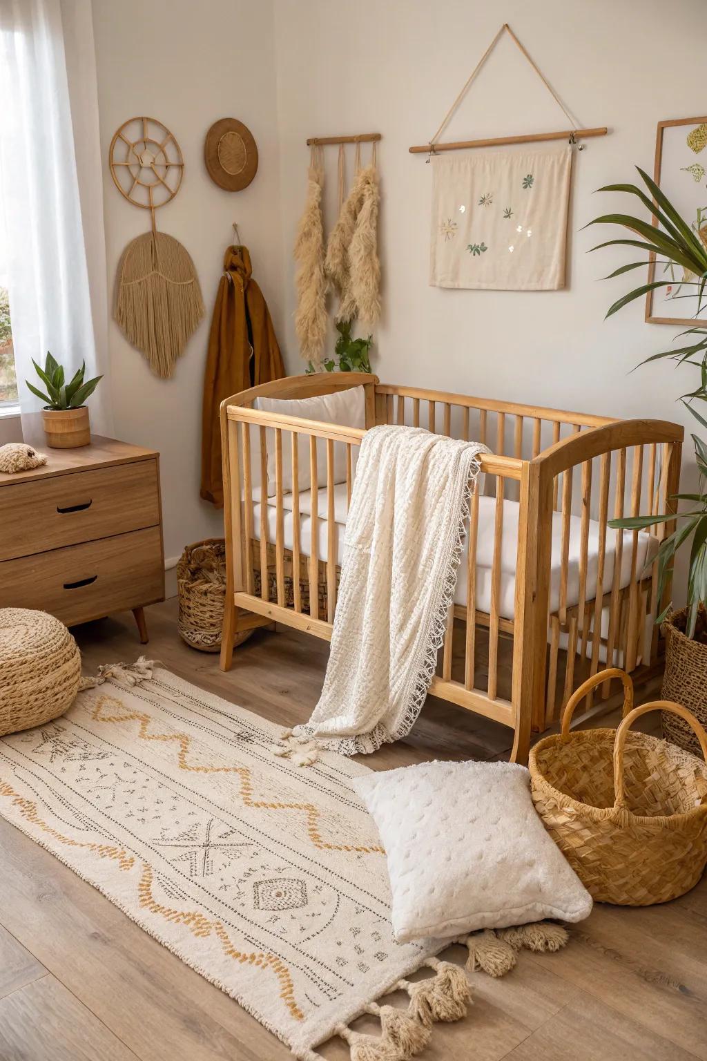 A nursery featuring natural elements like a wood baby bed and cotton bedding.