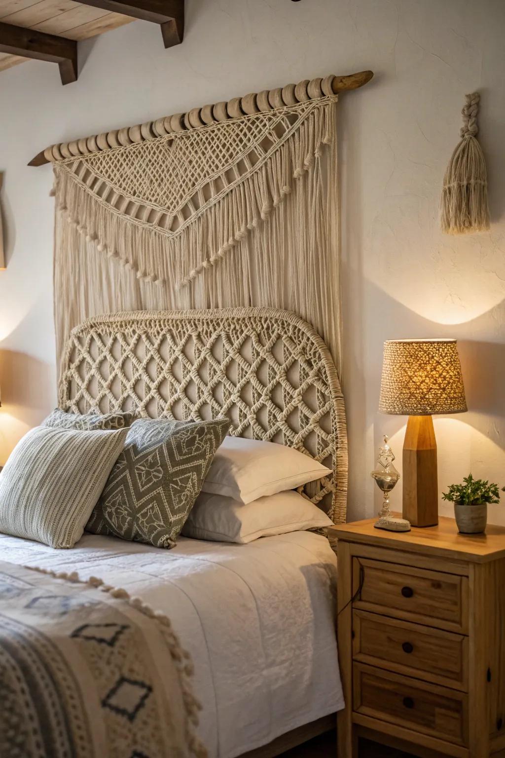 Macrame headboards introducing luxury to a bedroom.