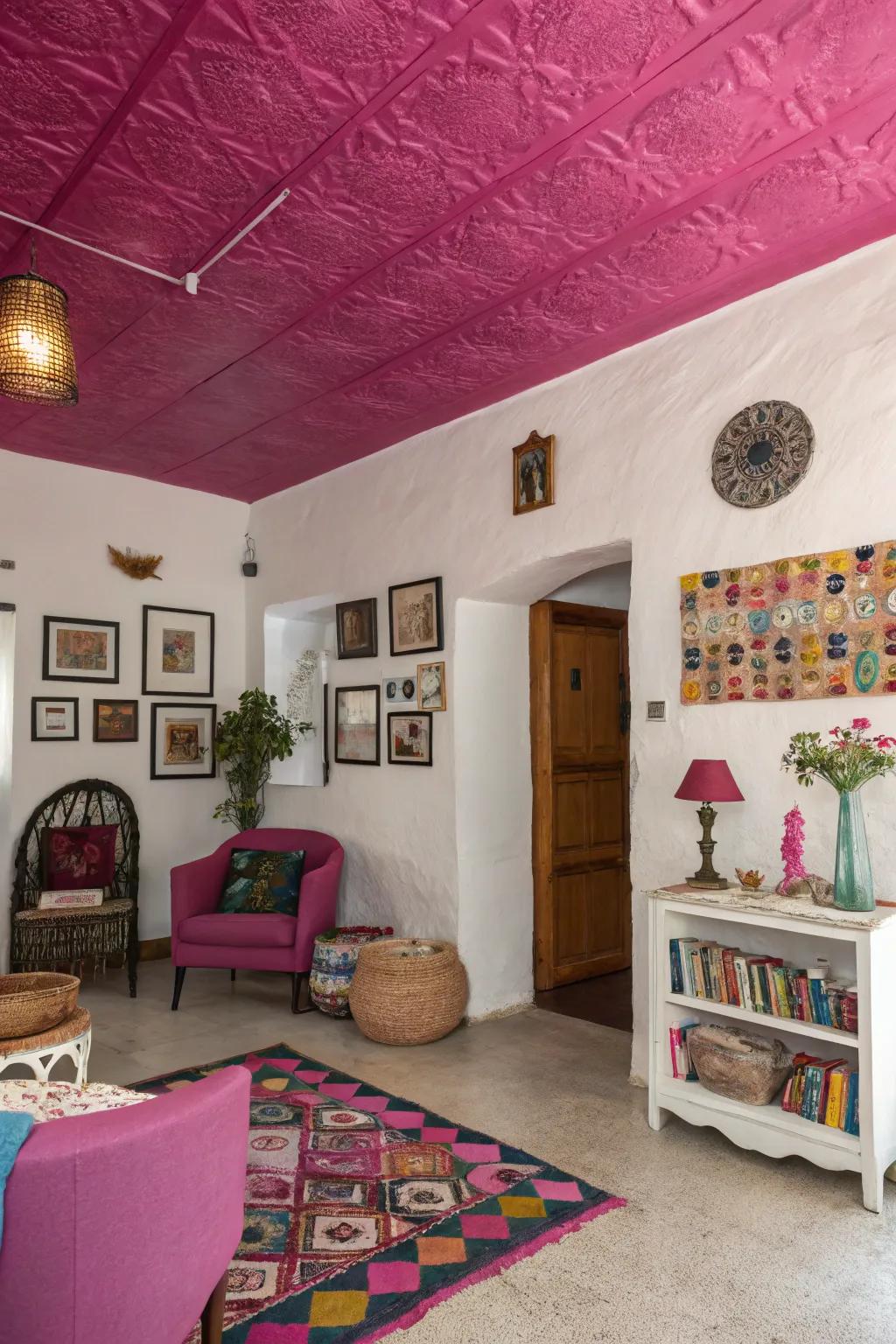 A magenta ceiling adds a surprising and dramatic twist to this eclectic room.