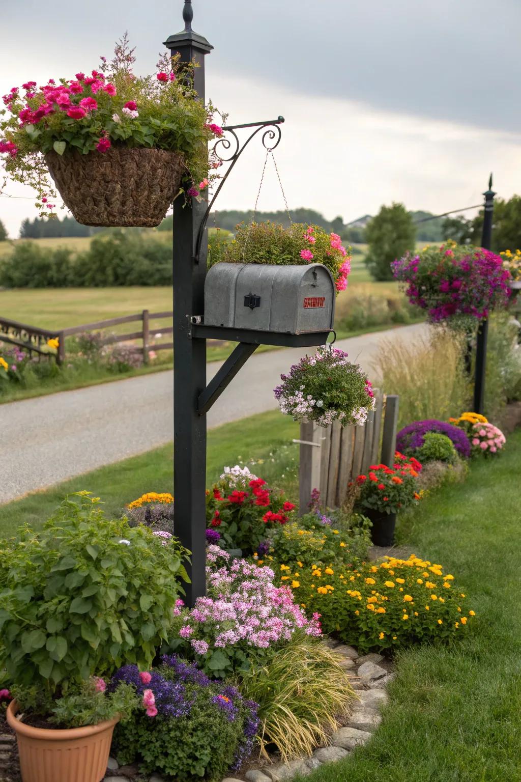 Enhance your mailbox with colorful containers and hanging baskets.