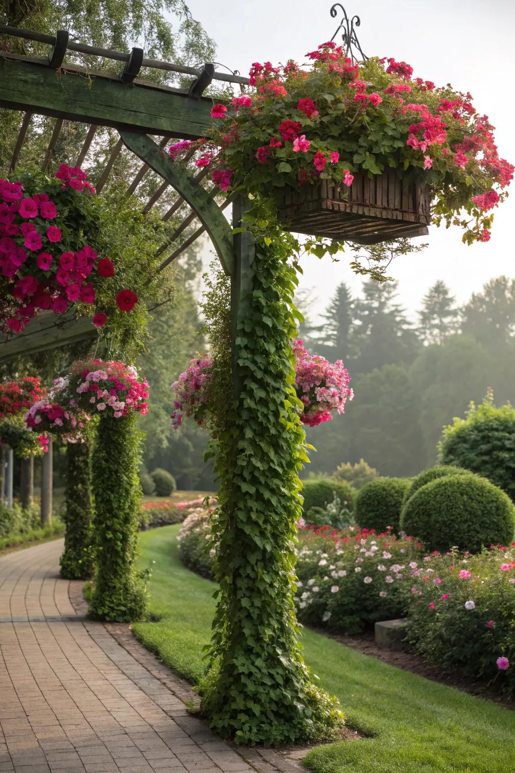 A trellis with hanging mandevilla baskets introduces layers of beauty and intrigue.