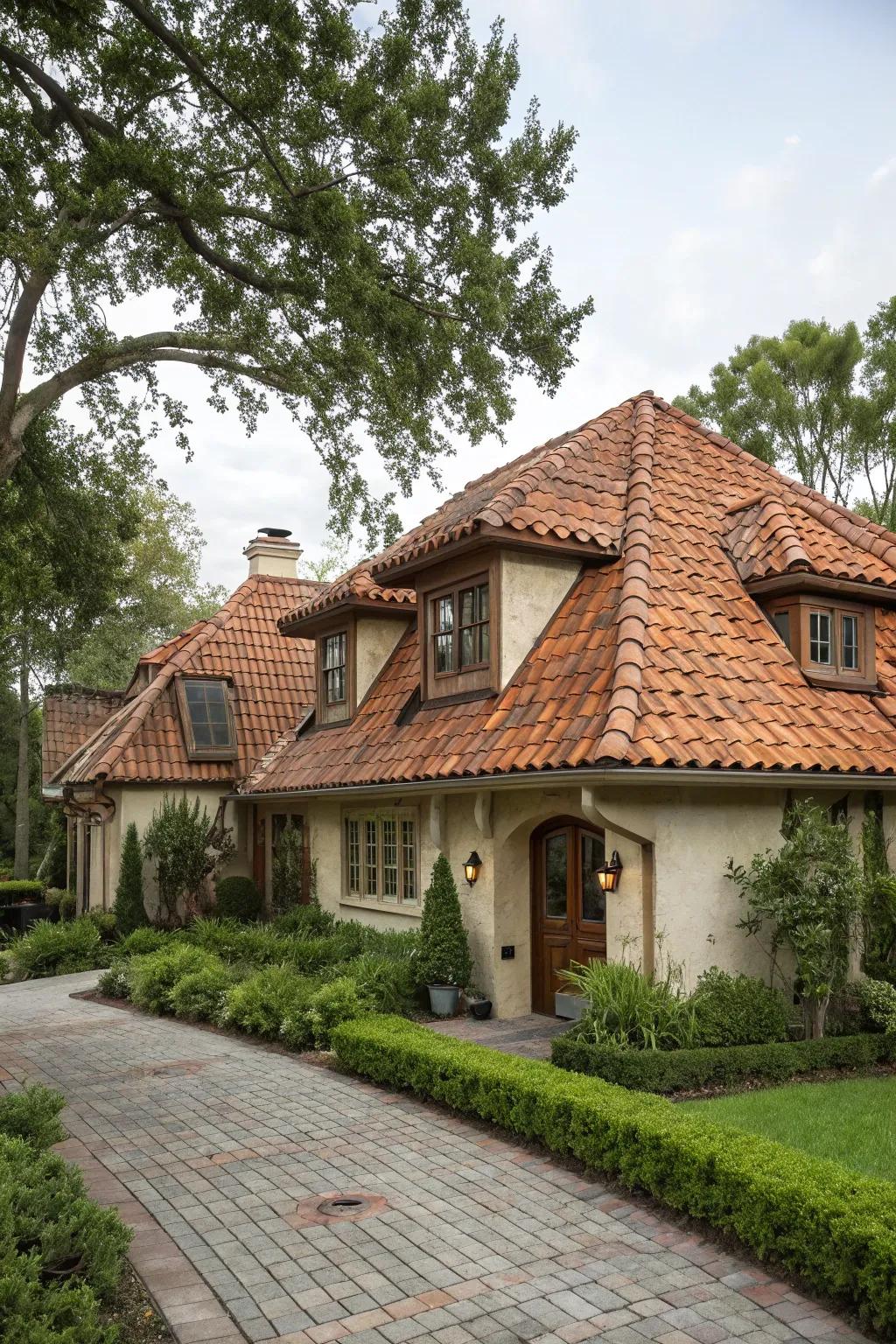 Terracotta tiles add warmth and character to this mansard roof.