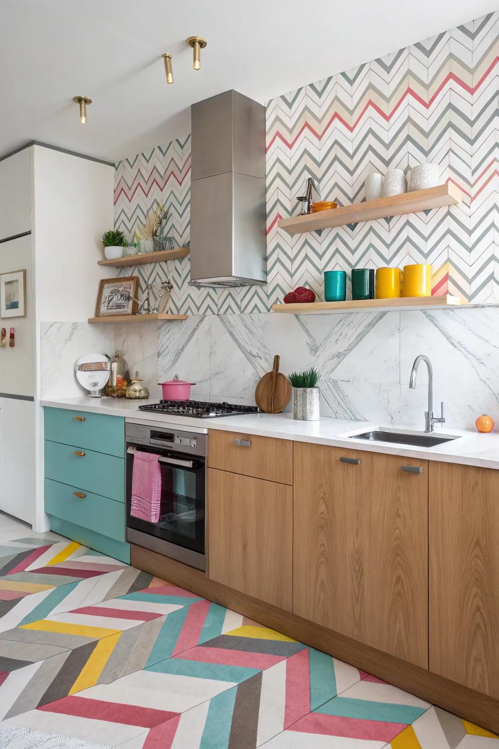 An energetic kitchen with a playful chevron-patterned marble backsplash.