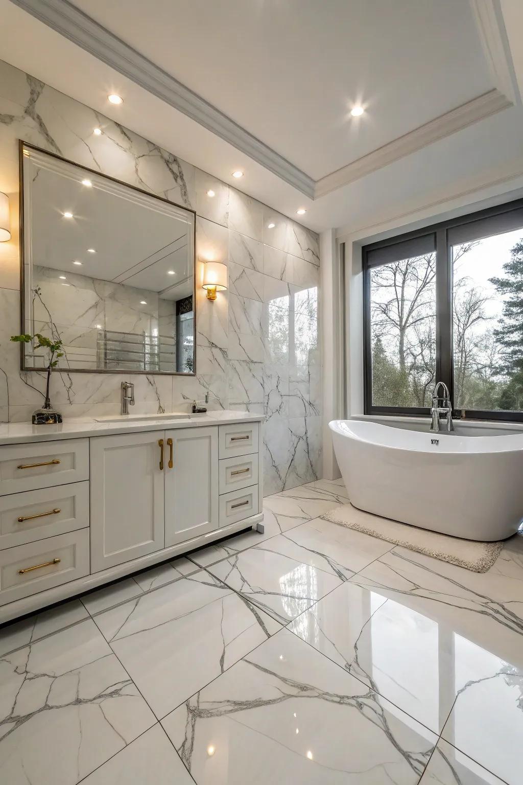 Floor-to-ceiling stone-look refined slabs fashion a seamless and expansive atmosphere.