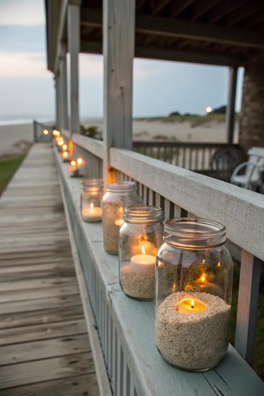 Cozy mason jar candle holders with sand and tea lights.