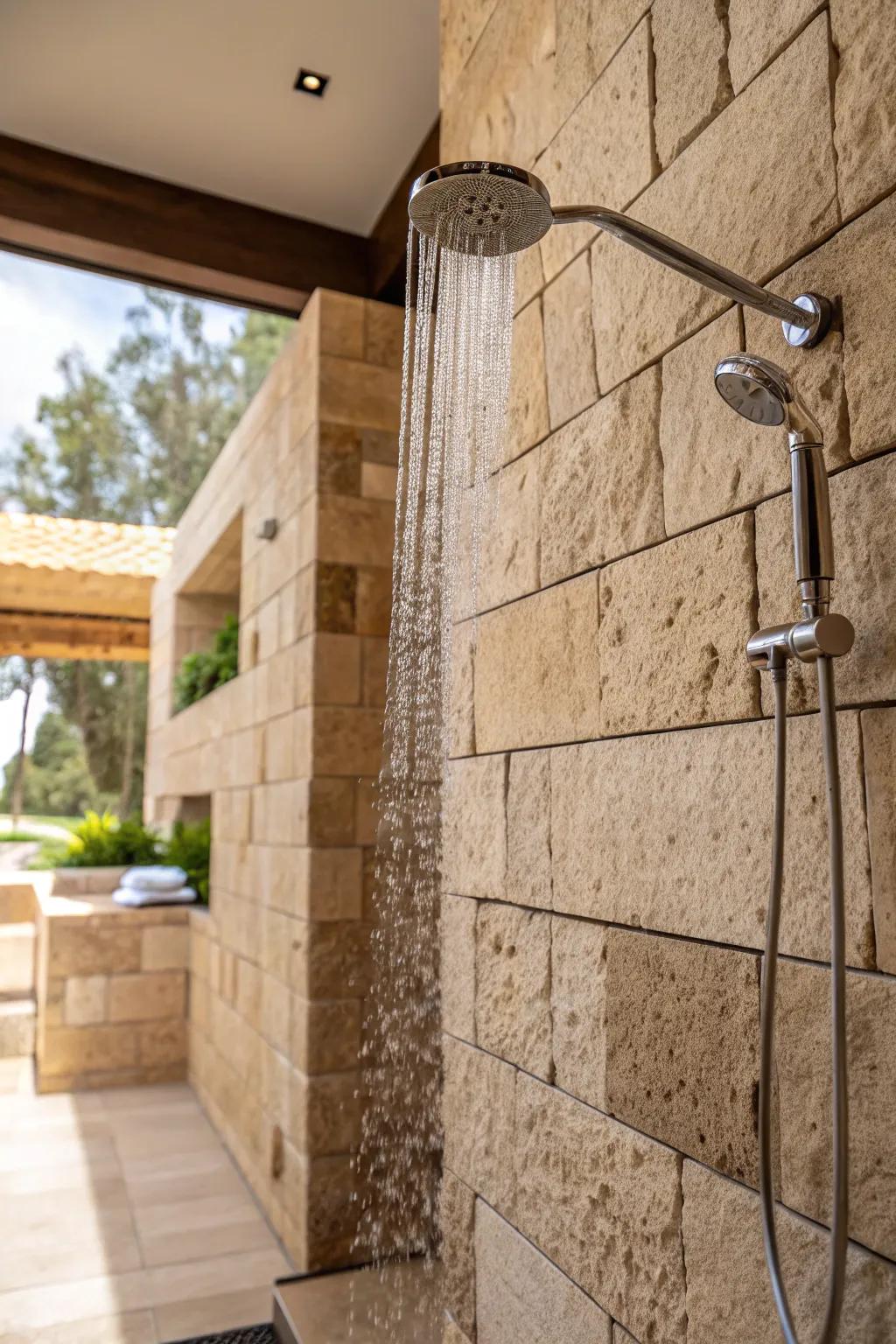 A shower presenting textured mineral rock pavers, encouraging a soothing, natural vibe.