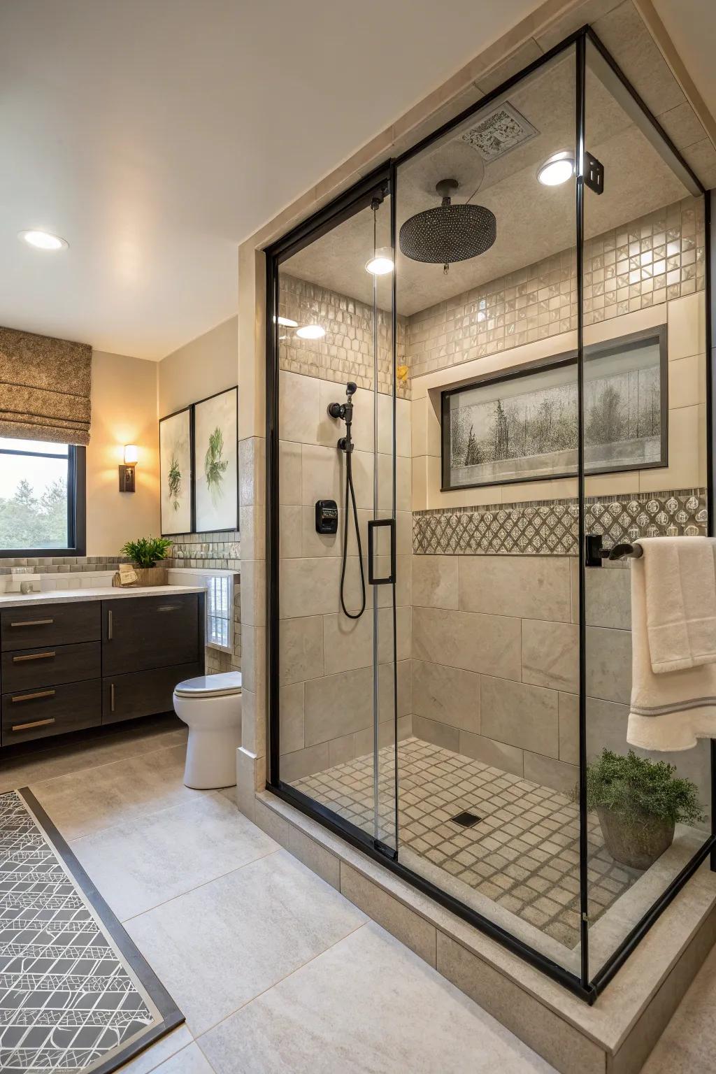 A stylish walk-in shower with slightly colored shower panels.