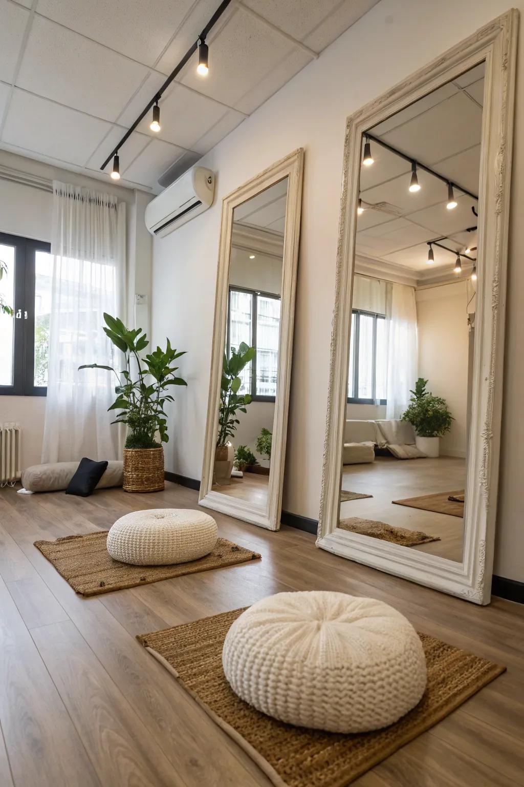 A meditation space with mirrors enhancing room and lighting.