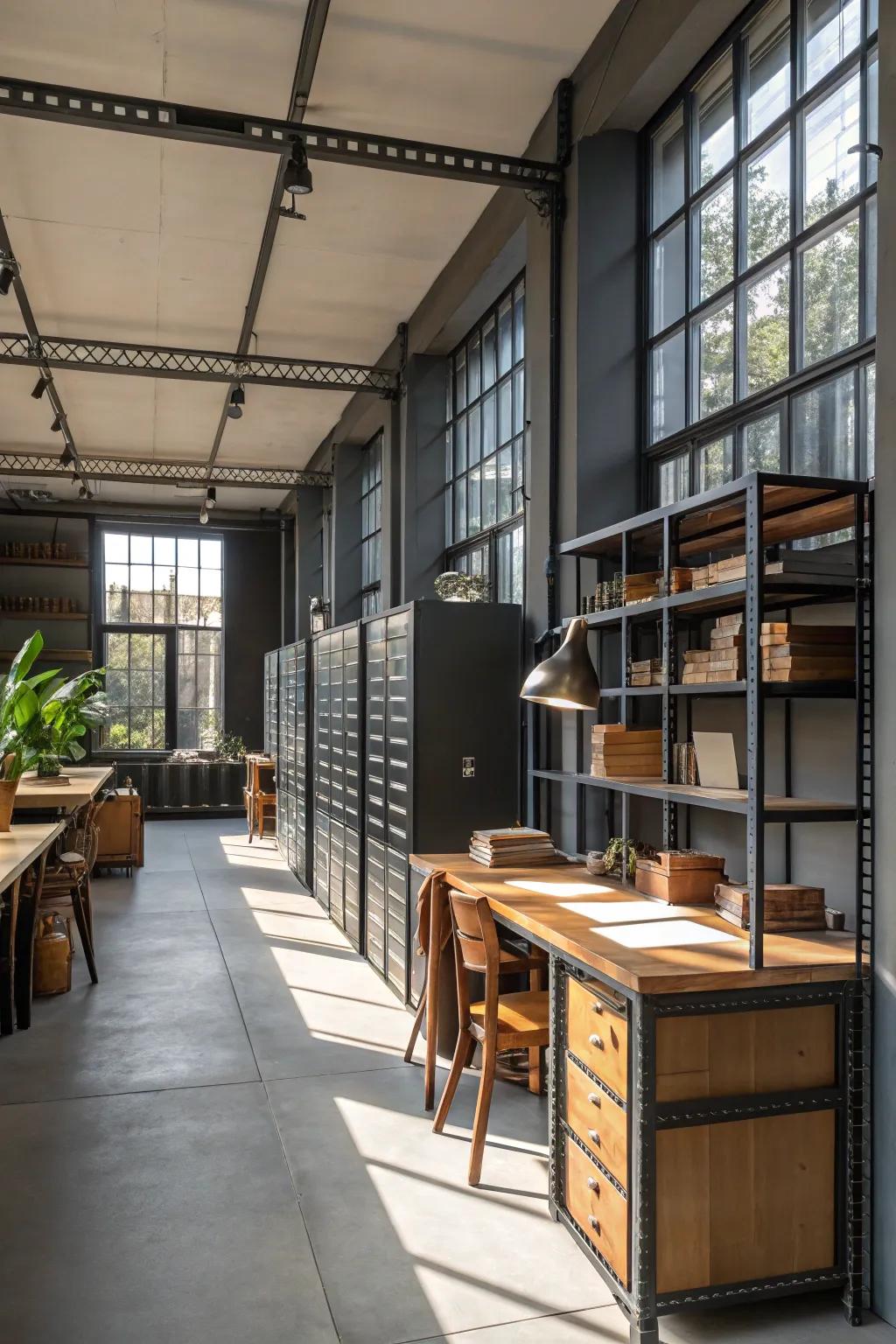 Factory influences add a rugged charm to your home office.