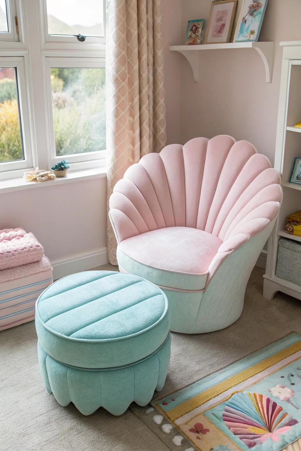 Shell-designed furniture introduces a sculptural element.