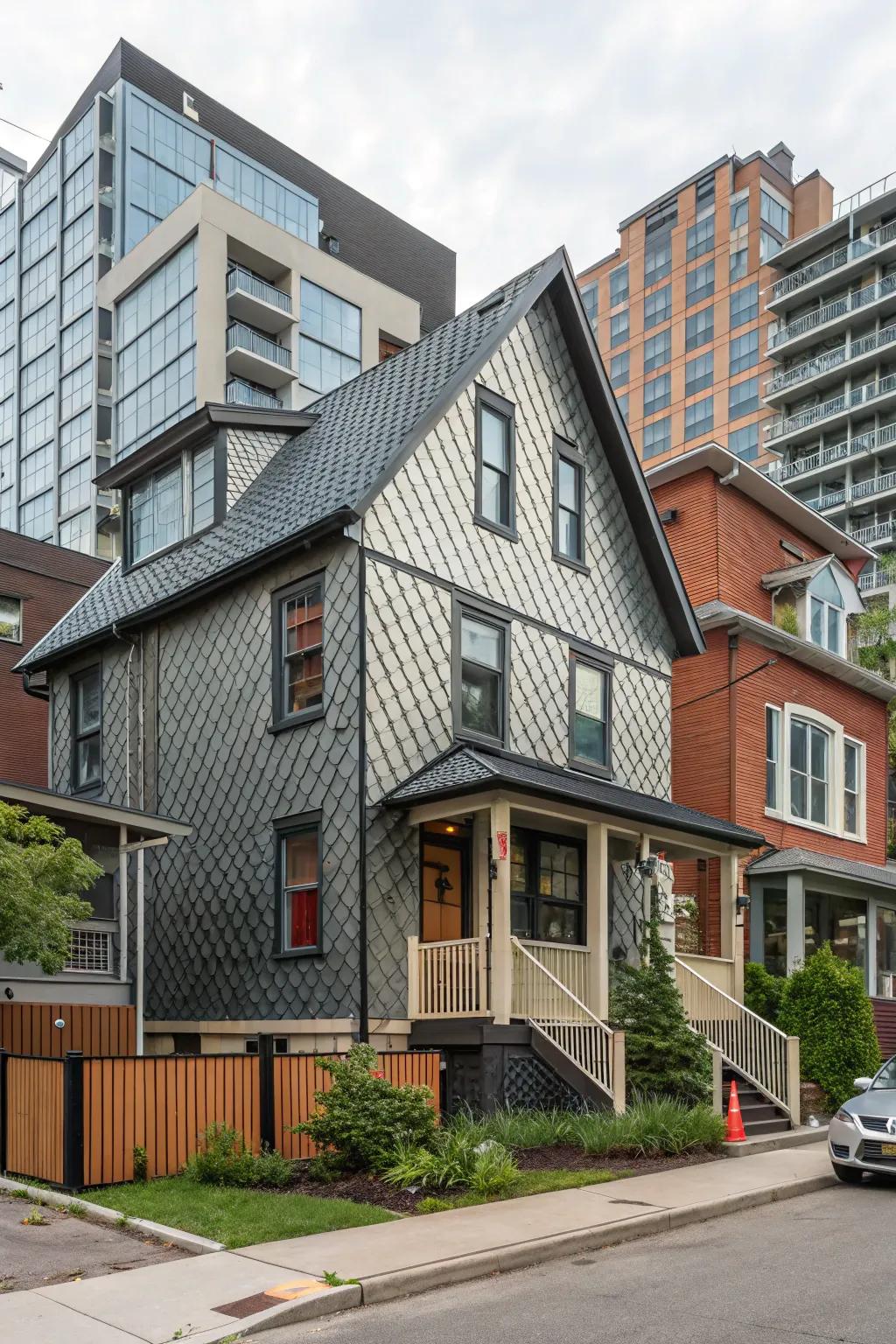 A vibrant architectural home featuring surfaced metal cladding for increased visual appeal.