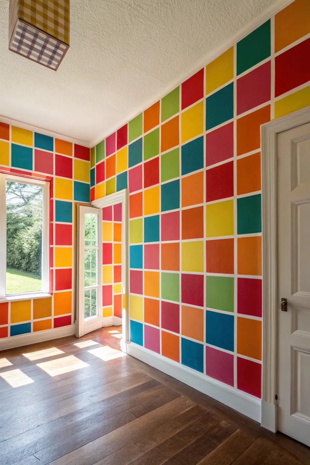 Colorful room with vibrant color block mid-century wallpaper.