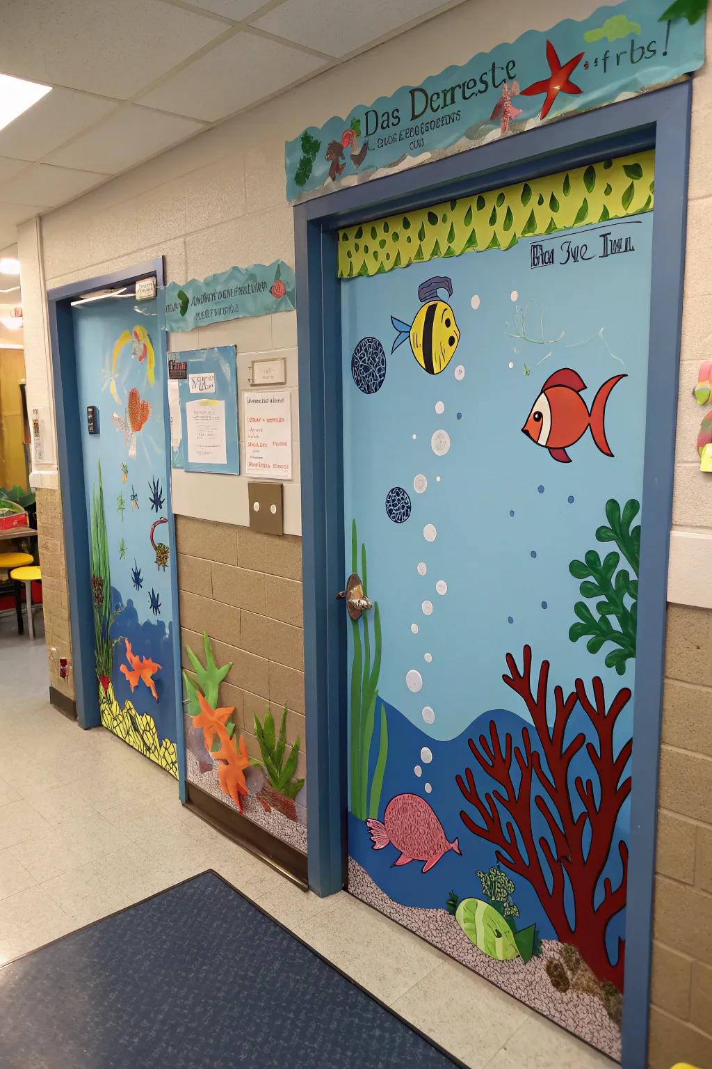 An underwater-themed classroom door with sea creatures.