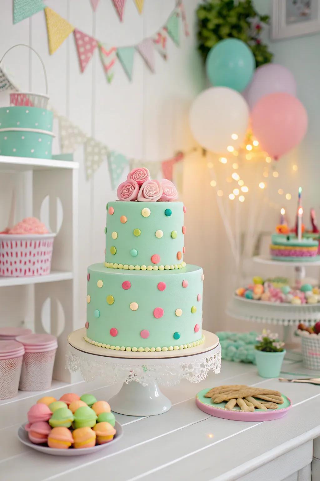 A turquoise cake designed with playful orbs.