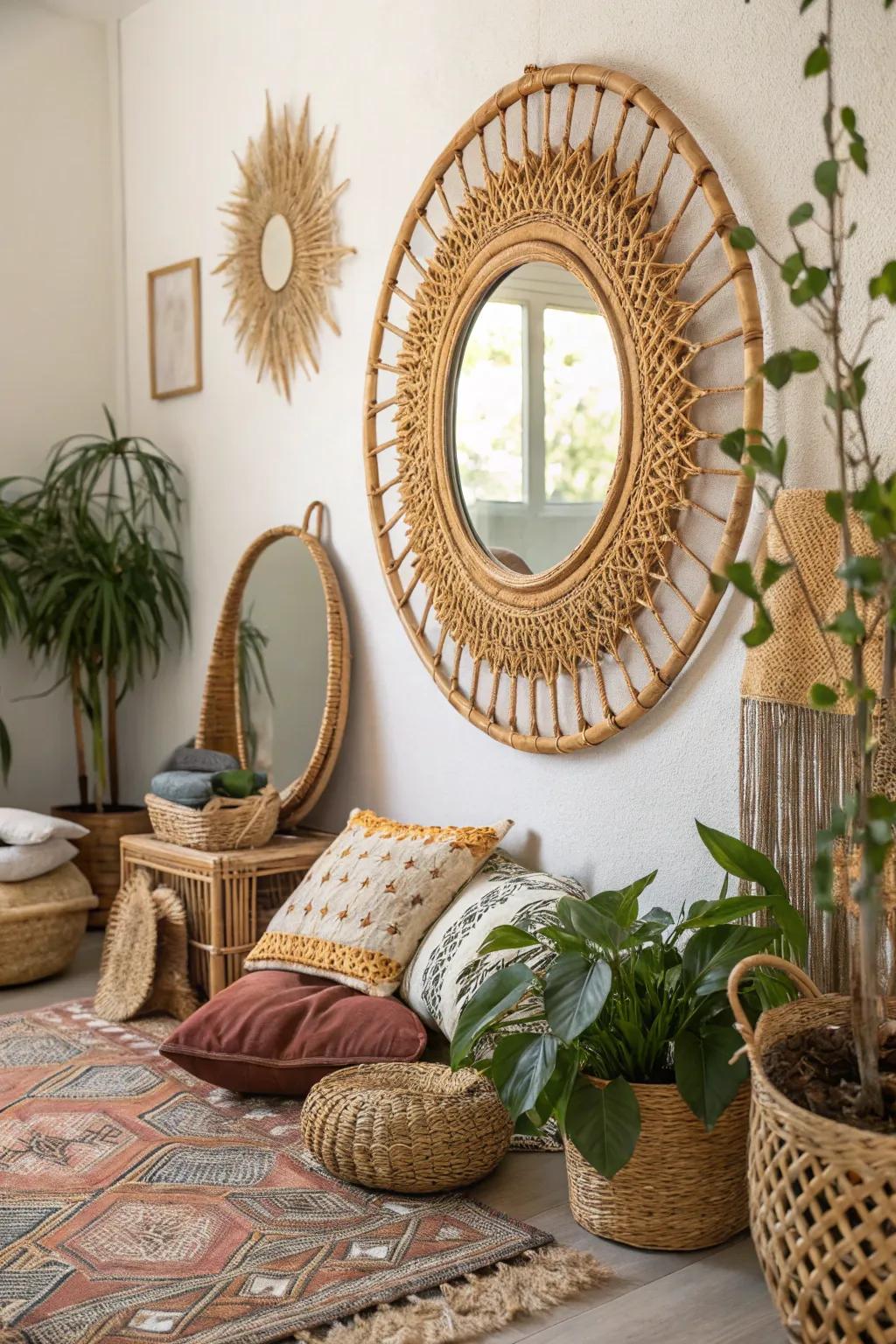 Cane mirrors incorporate an innate, textured component to spaces.