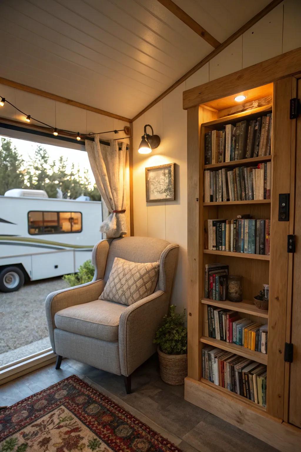 A charming reading nook with a comfortable chair and bookshelves, perfect for literary escapes.