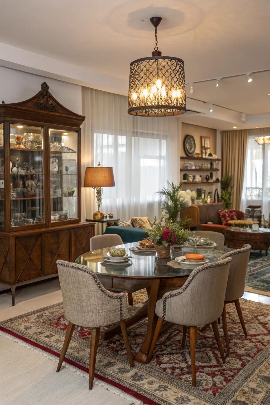 Varied decor can make your dining room visually intriguing and unique.