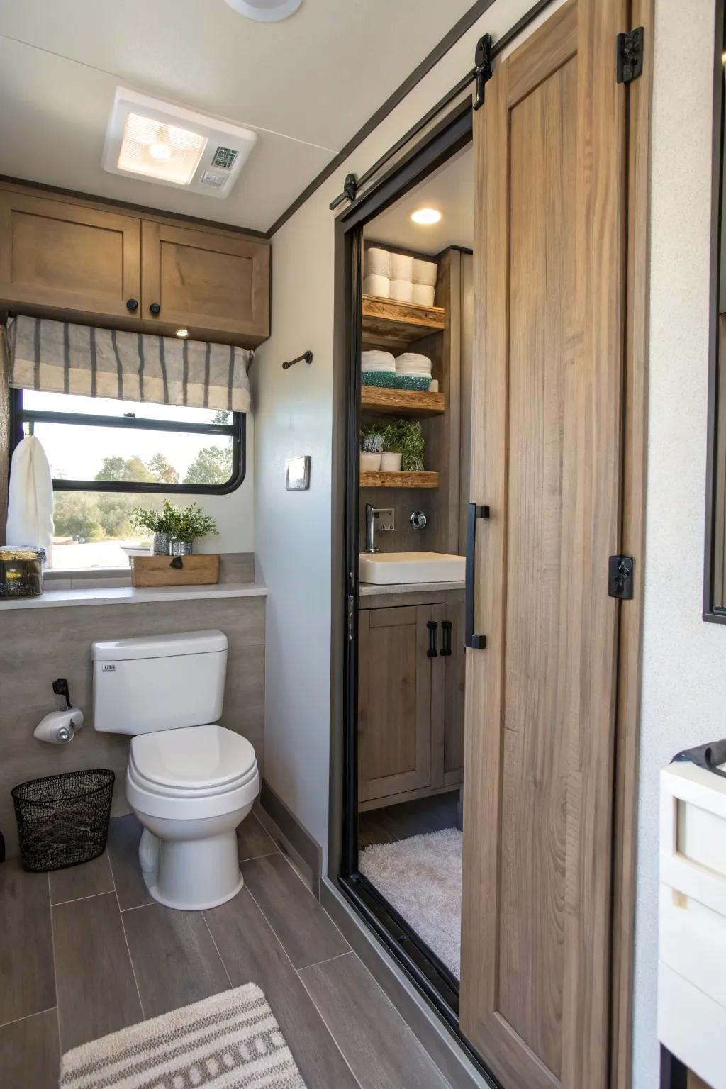 A sliding entryway saves area and adds a neat look to this bathroom.