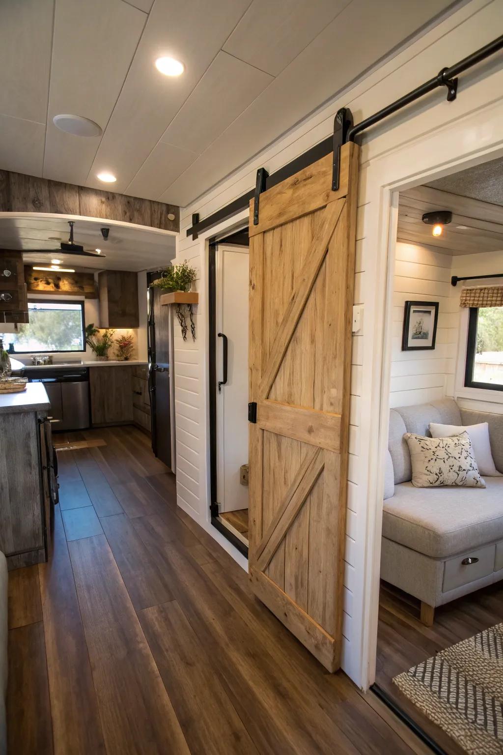 Sliding stable-style doors are a chic and area-saving remedy.