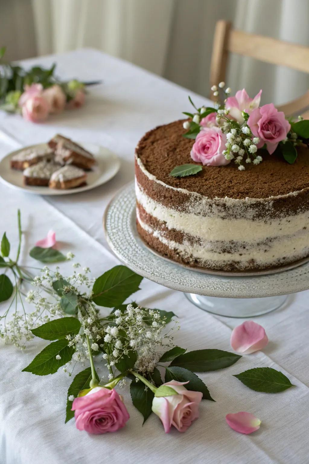 Fresh flowers add natural elegance to a mocha cake.