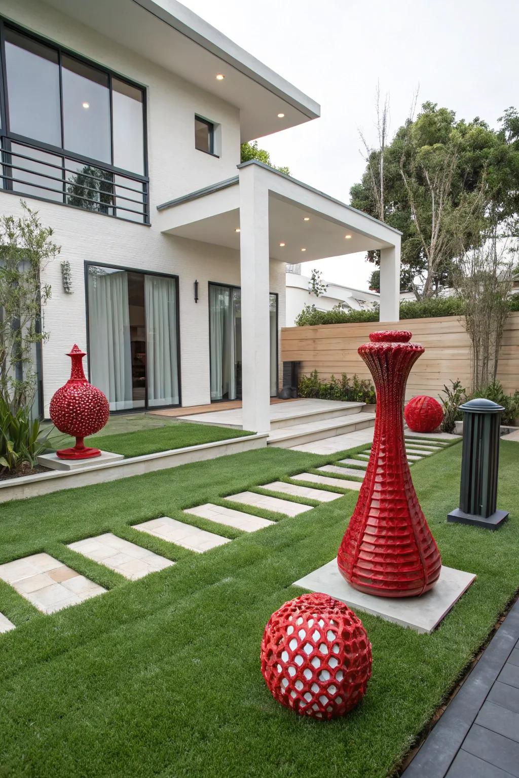 Figures serve as focal points on the lush artificial lawn.