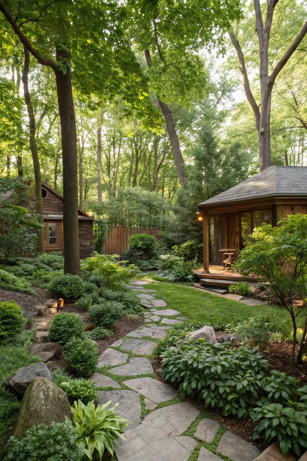 A backyard converted into a peaceful woodland retreat.