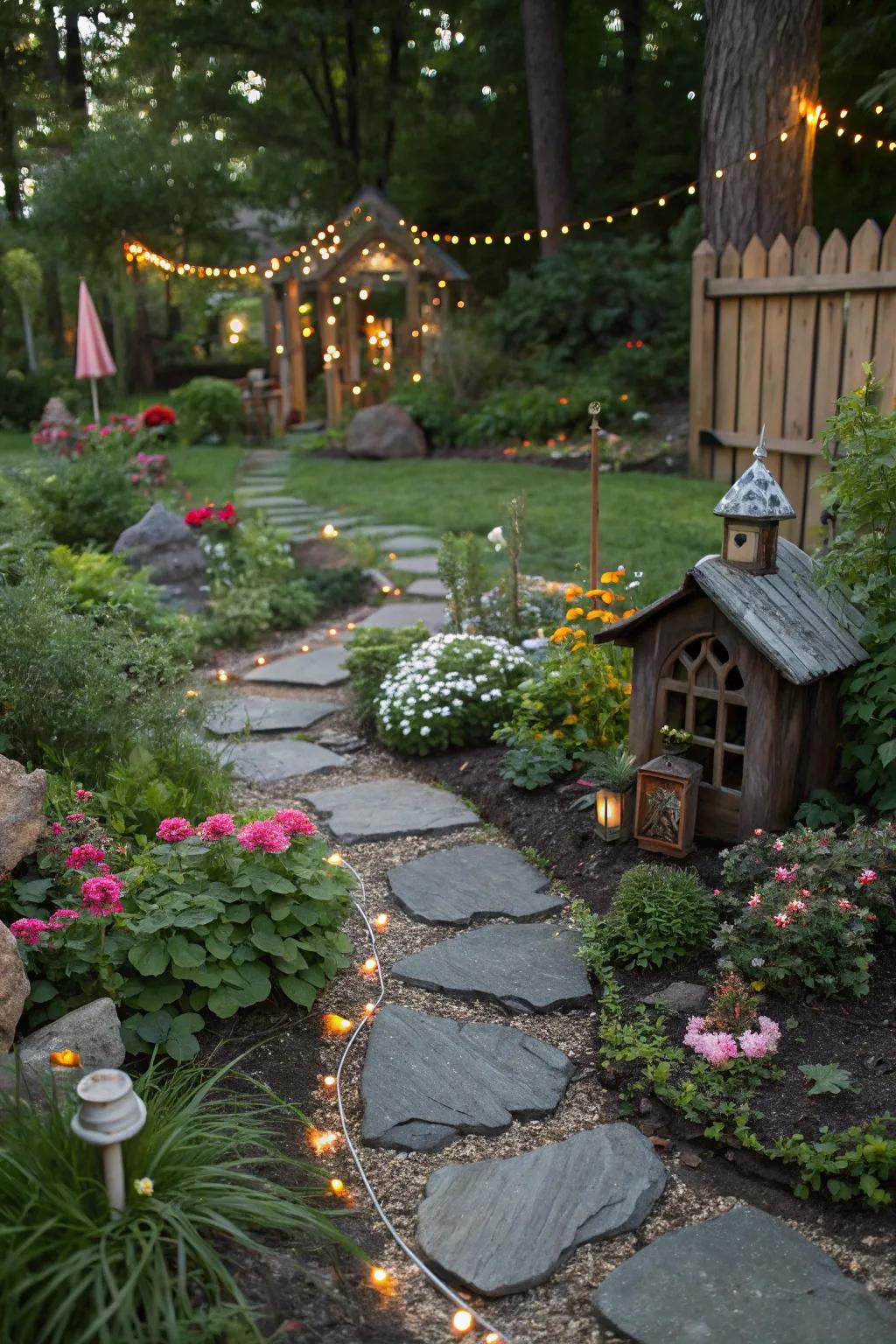 Whimsy abounds in a fairy garden with dark stone paths.