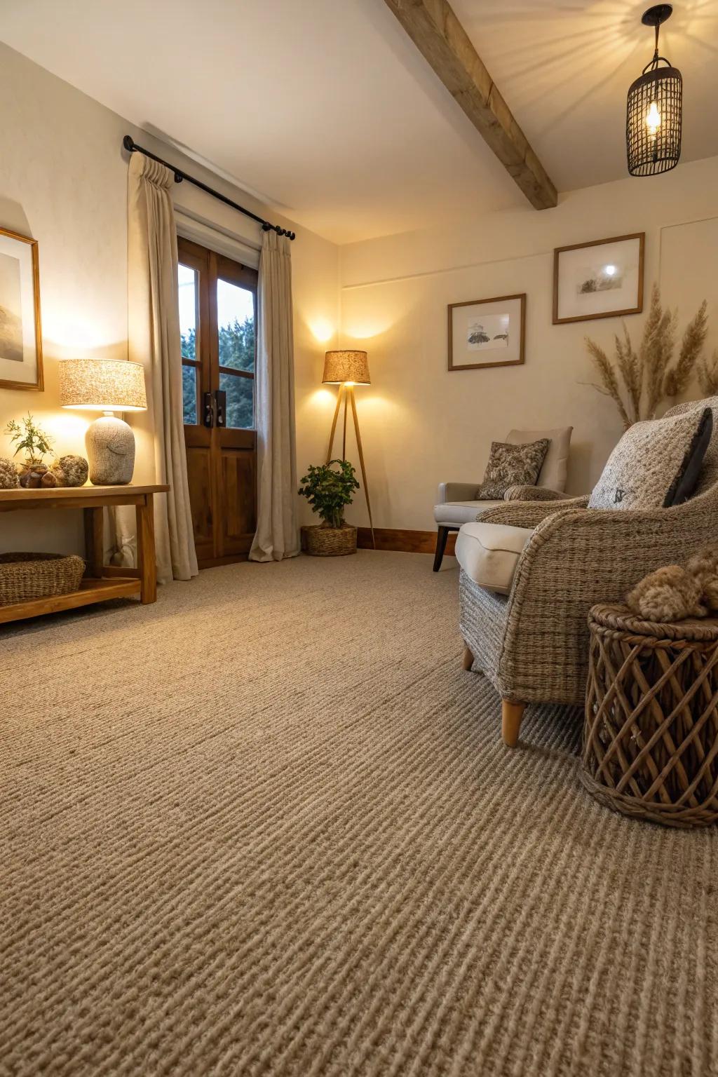 A cozy room features an earthy neutral-toned carpet, creating a grounded feel.