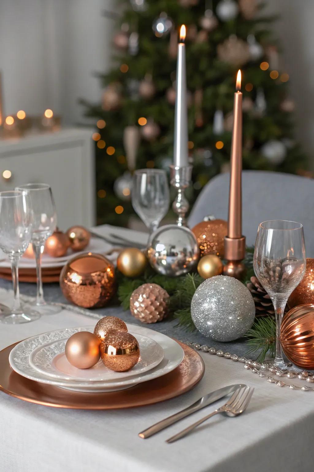 A festive table setting with metallic silver and copper highlights.