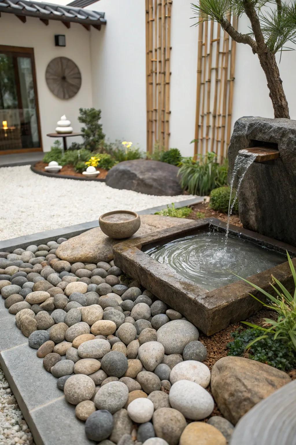 A Zen corner garden offers a peaceful retreat for meditation.