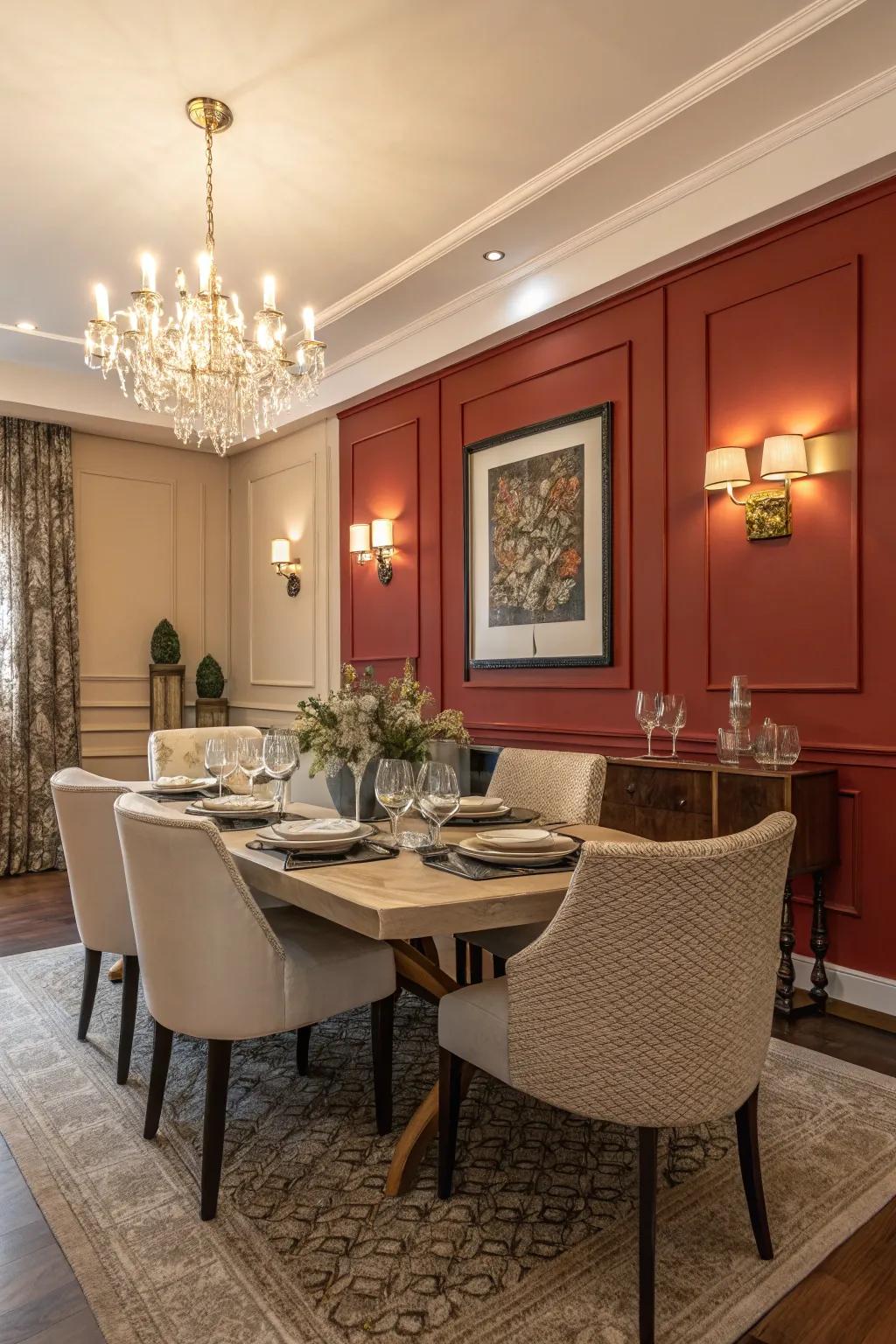 A bold accent wall infuses both depth and personality into a contemporary dining room.