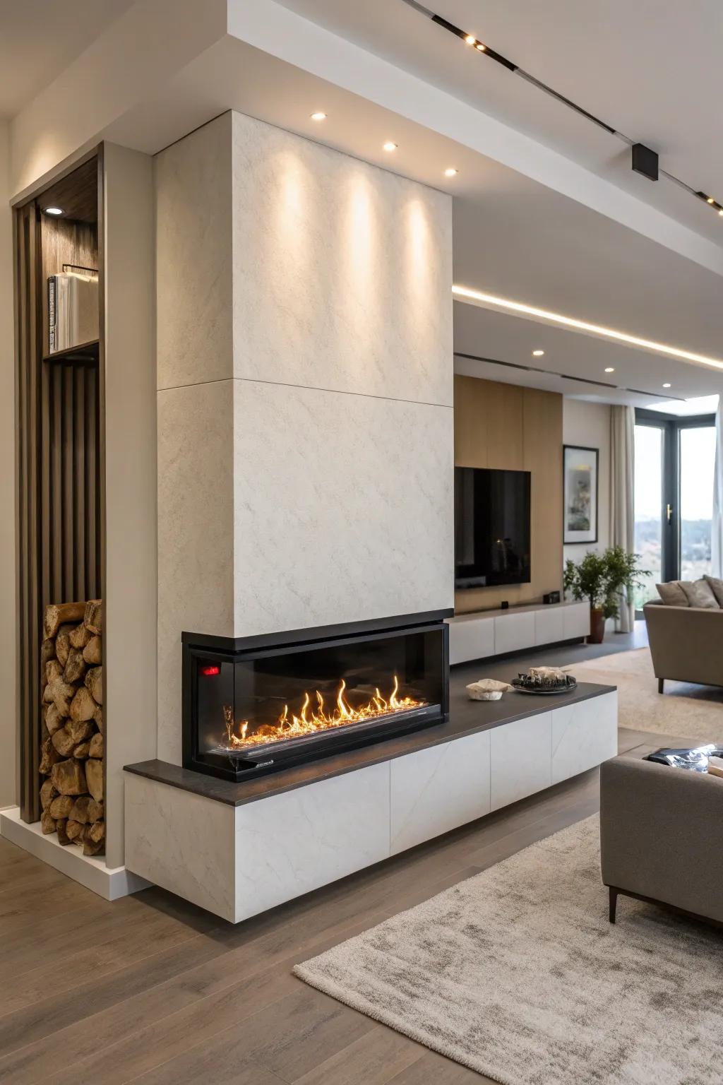 A sculptural electric fireplace that acts as both art and warmth in a modern setting.