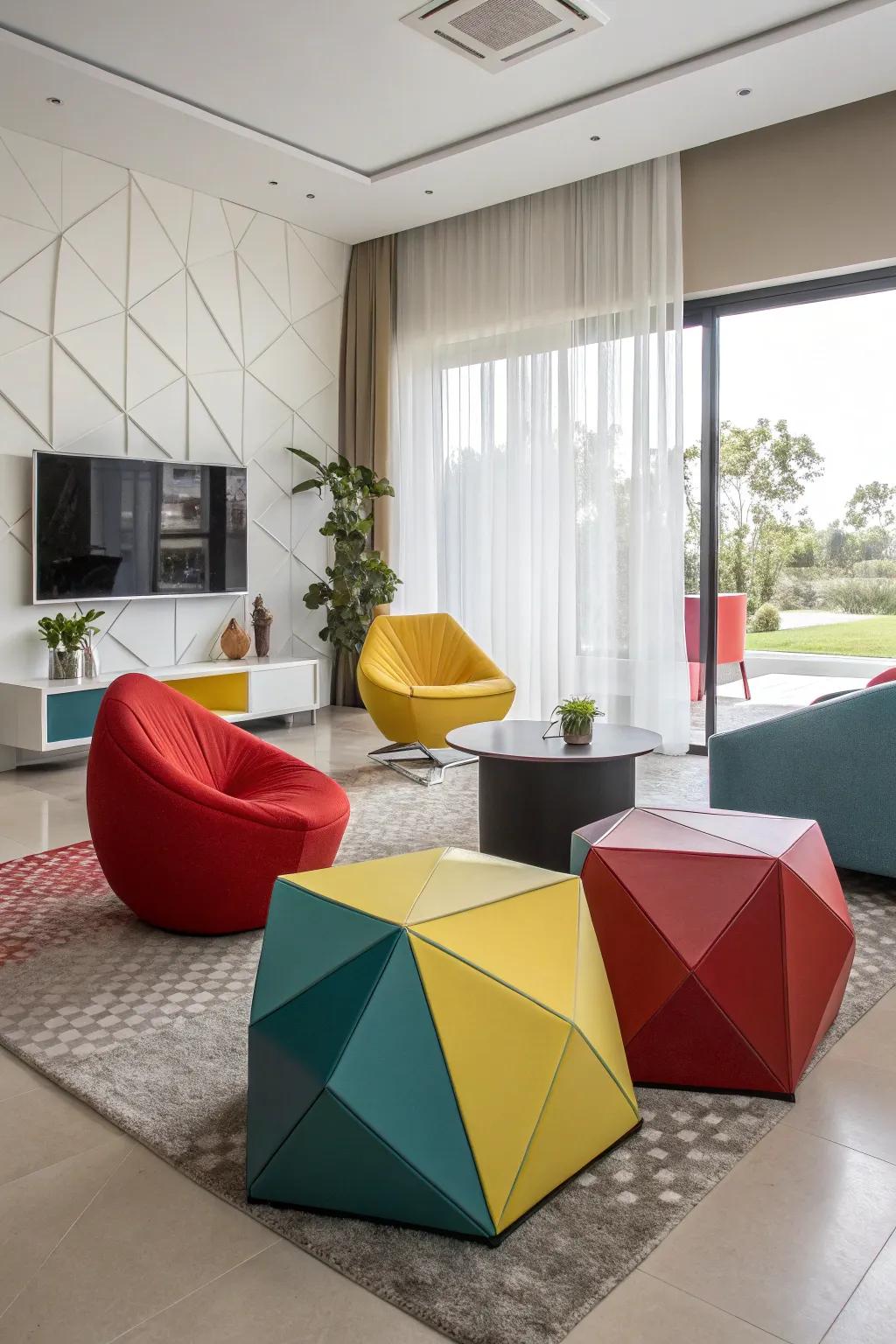 Shaped furnishings that add a playful element to a modern family room.