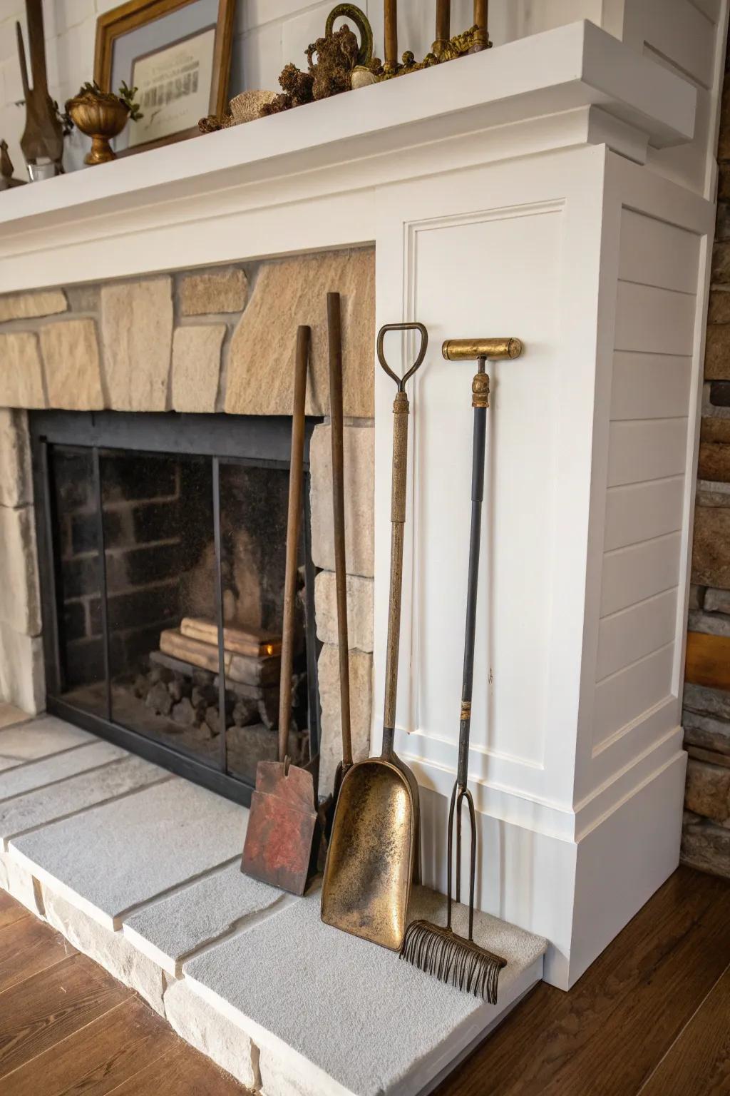Timeless implements contribute historical depth to the hearth arrangement.