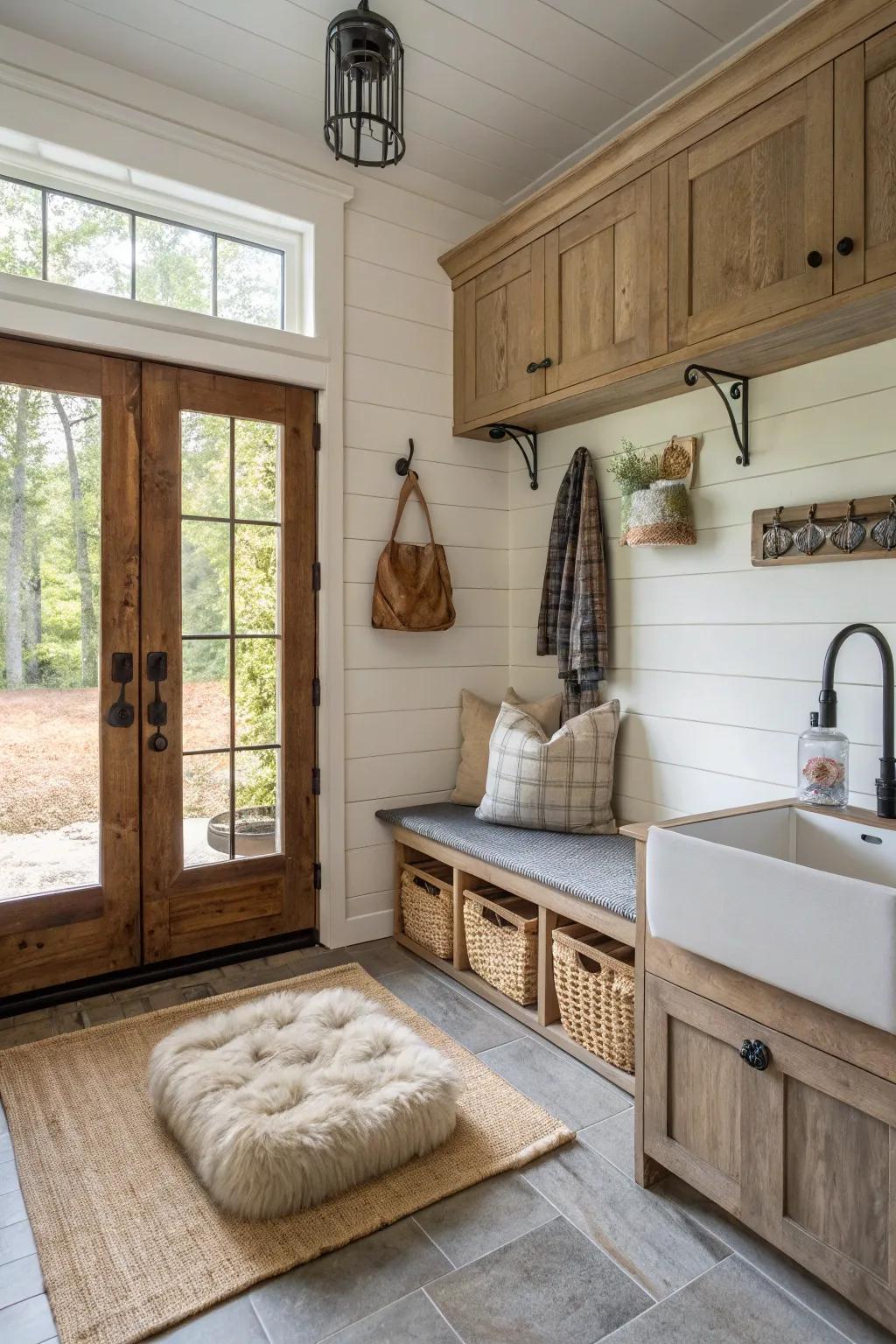 Pet-friendly mudroom featuring cozy bed and wash station.