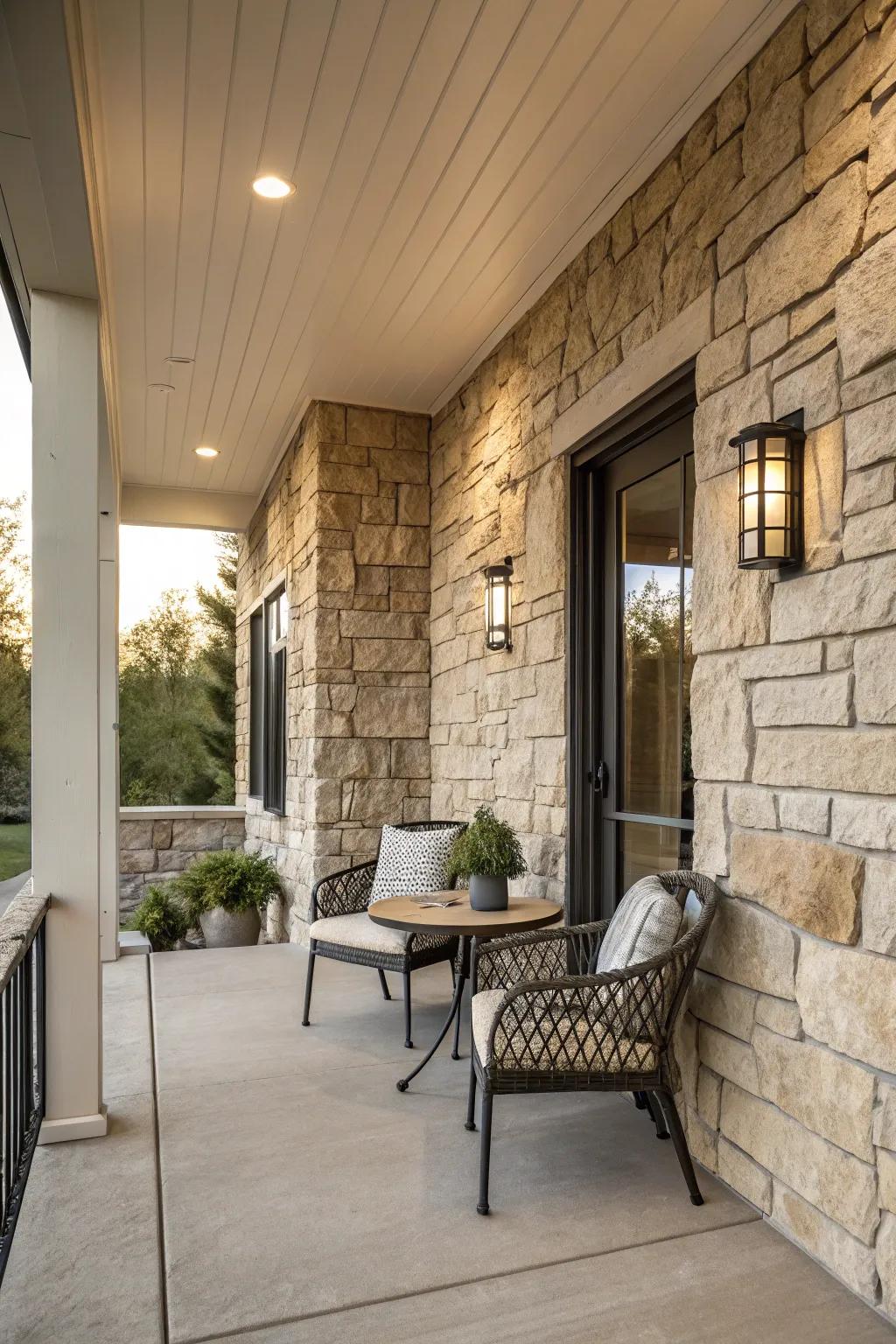 Textured walls add depth and elegance to contemporary porches.
